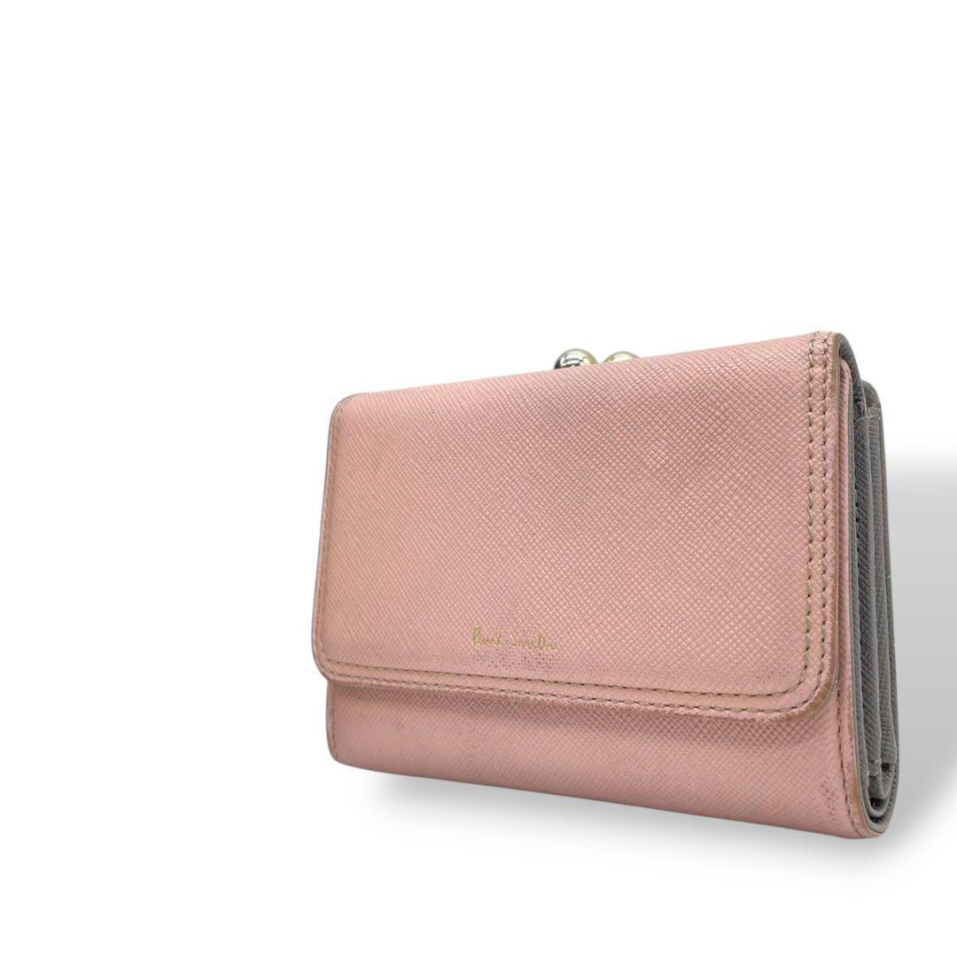 ポールスミス　三つ折り財布　がま口　桃　レザー　バイカラー　型押し　w4