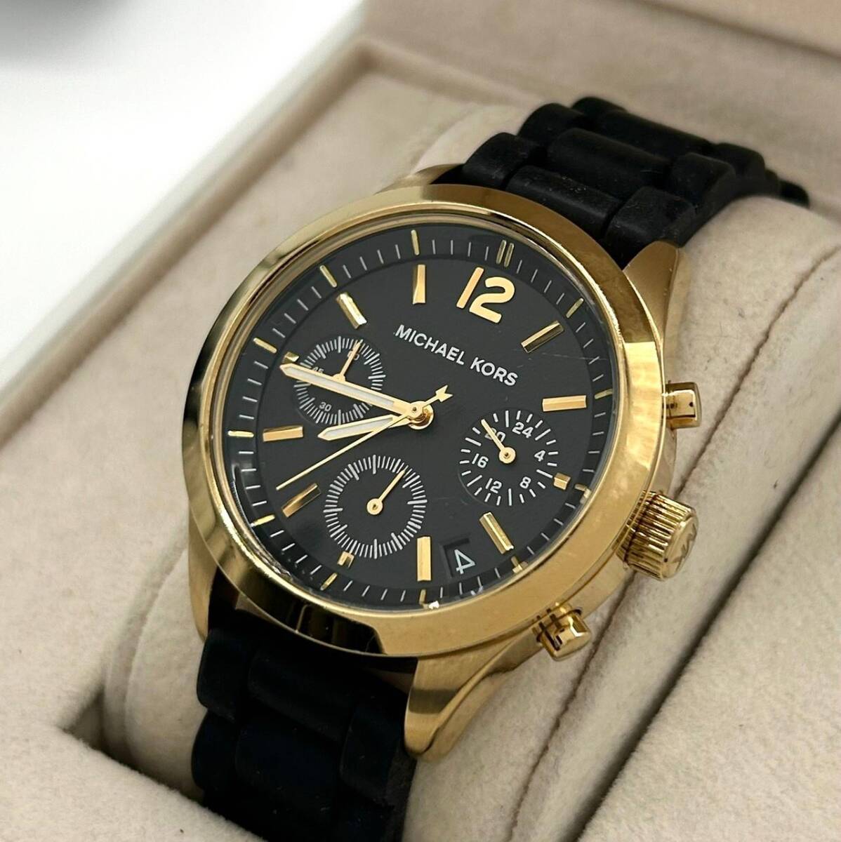 1円 美品 電池交換済み MICHAEL KORS マイケルコース 腕時計 G3 ラウンド クロノグラフ クオーツ ゴールド メンズ レディース ユニセックス