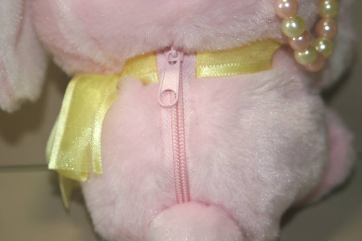 ぽてうさろっぴー パールビーズの持ち手 プリティーポーチ みみぴょん ピンク　約15cm　ぬいぐるみポーチ 黃色リボン