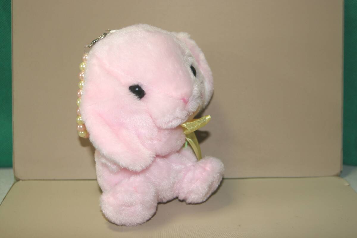 ぽてうさろっぴー パールビーズの持ち手 プリティーポーチ みみぴょん ピンク　約15cm　ぬいぐるみポーチ 黃色リボン