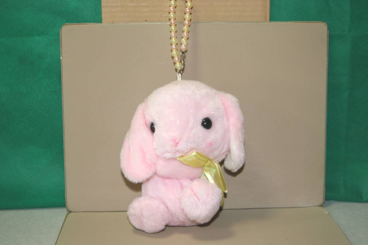 ぽてうさろっぴー パールビーズの持ち手 プリティーポーチ みみぴょん ピンク　約15cm　ぬいぐるみポーチ 黃色リボン