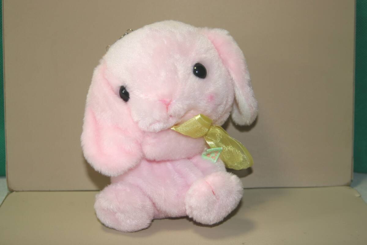 ぽてうさろっぴー パールビーズの持ち手 プリティーポーチ みみぴょん ピンク　約15cm　ぬいぐるみポーチ 黃色リボン