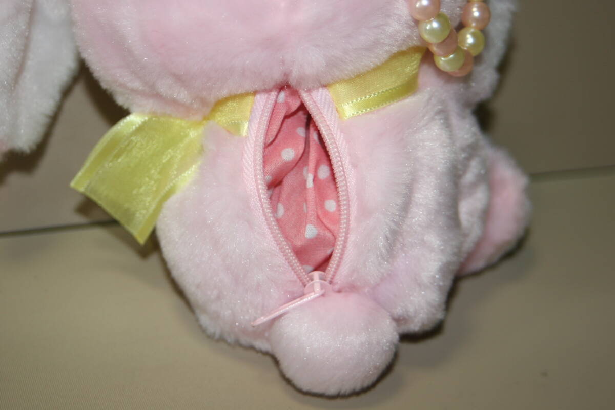 ぽてうさろっぴー パールビーズの持ち手 プリティーポーチ みみぴょん ピンク　約15cm　ぬいぐるみポーチ 黃色リボン