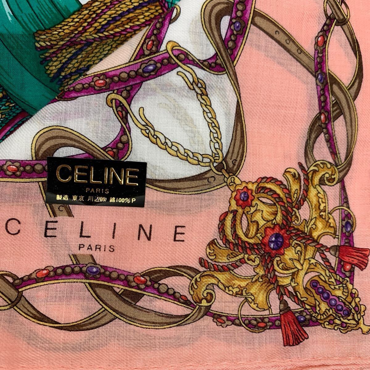 R☆未使用品☆CELINE ハンカチ セリーヌ ブランド 綿100% スカーフ タオルハンカチ ピンク ハイビスカス 緑色 ブランド品 百貨店購入