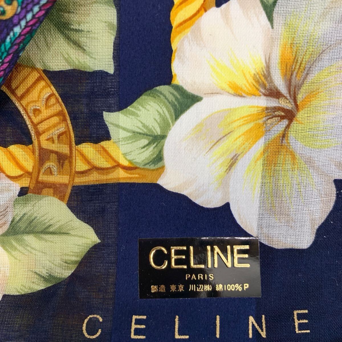 R☆未使用品☆CELINE ハンカチ セリーヌ ブランド 綿100% スカーフ タオルハンカチ ピンク ハイビスカス 緑色 ブランド品 百貨店購入