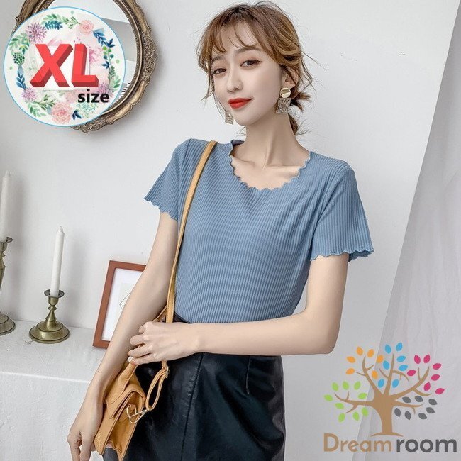 Solid color ラウンドフリル Tシャツ XLサイズ 美ライン 半袖 レディース オフィス カジュアル 無地 綺麗め K-088-5ブルー