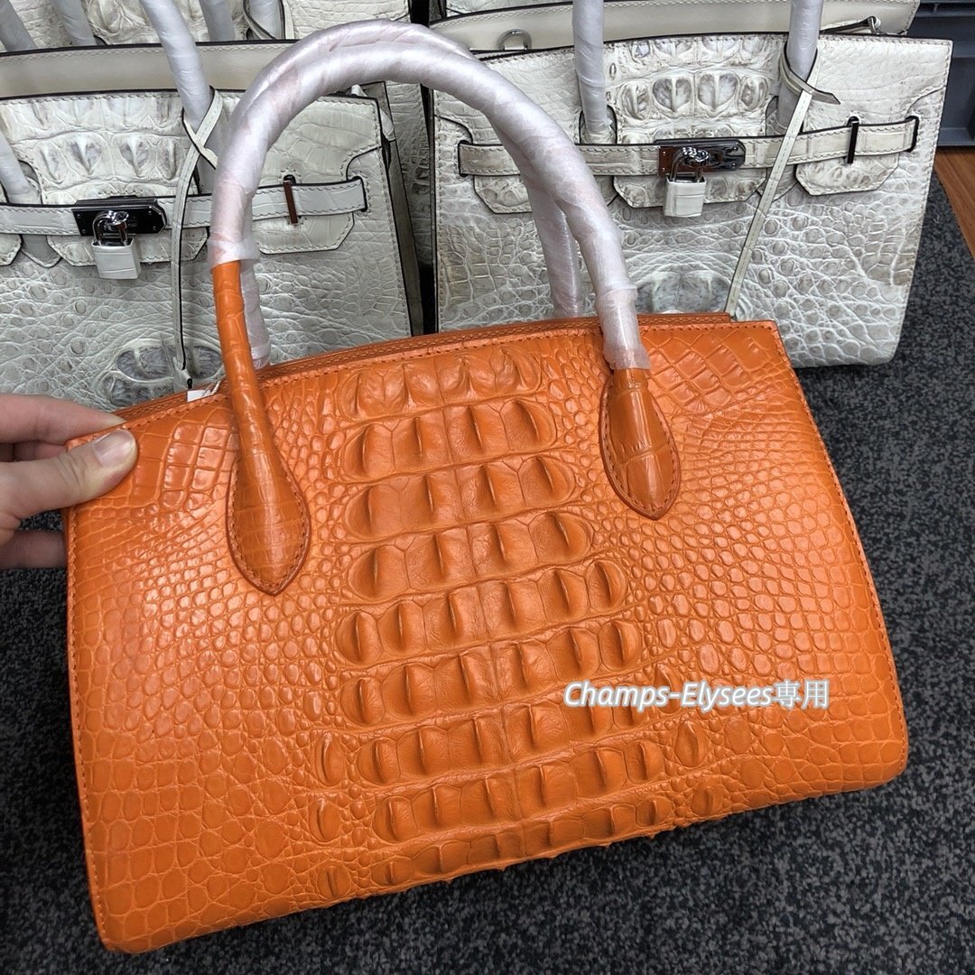 貴重品　特大コブ　本物鰐革　水染　オレンジ　クロコダイルレザー　大容量　レディースバッグ　ハンドバッグ　トートバッグ　