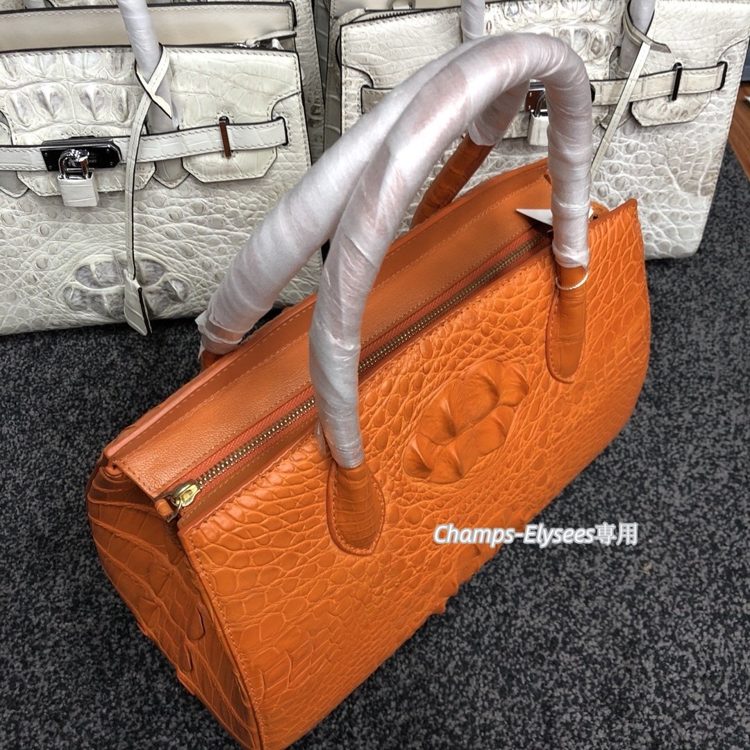 貴重品　特大コブ　本物鰐革　水染　オレンジ　クロコダイルレザー　大容量　レディースバッグ　ハンドバッグ　トートバッグ　