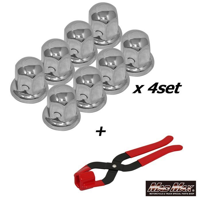 ISO33mm ステンレス制ナットキャップ フロント リア兼用 高さ50mm シルバー デコキャップ 32個(gè)セット&プライヤー ブラック1個(gè)【送料800円】