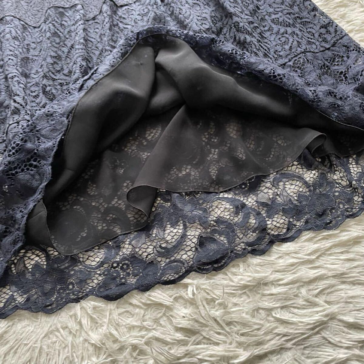B&Y UNITED ARROWS　ユナイテッドアローズ　レースワンピース　ロング丈　半袖　ドッキング　ネイビー　紺