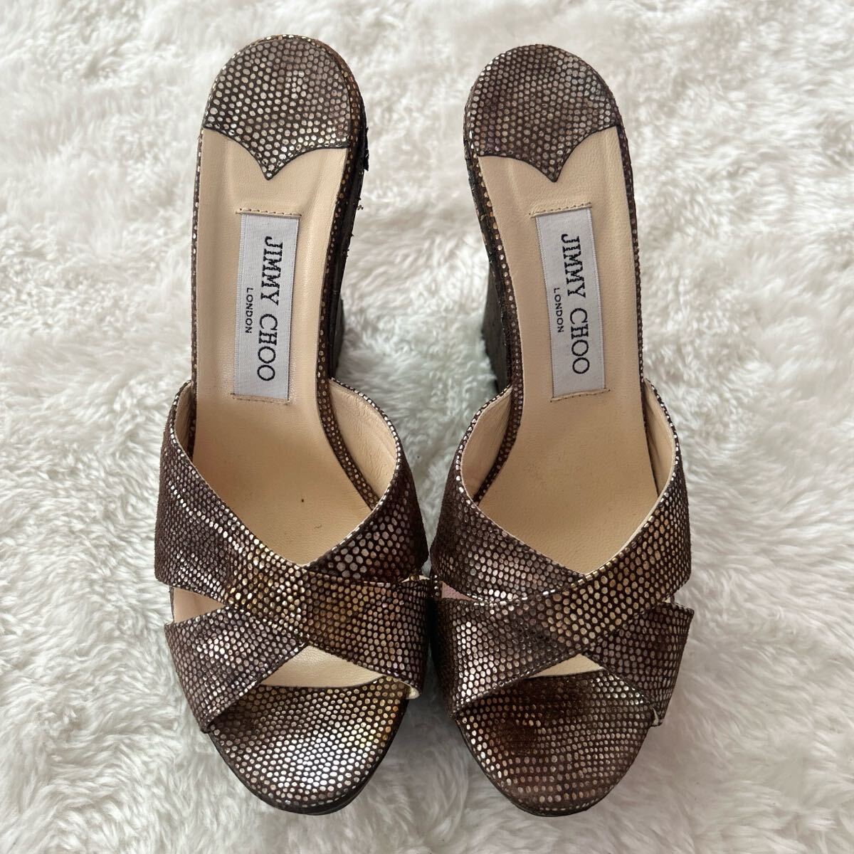 JIMMY CHOO ジミーチュウ グリッター サンダル ミュール 39 ハイヒール 25.0cm ブラウン系 光沢感
