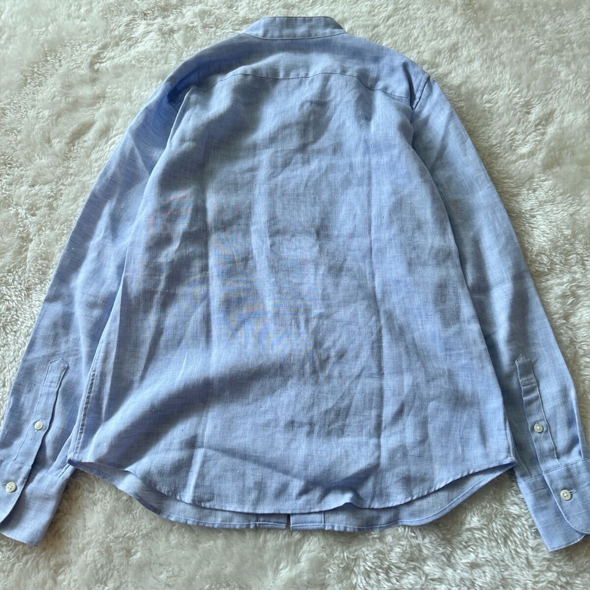 美品 鎌倉シャツ リネン混 シャツ ブラウス バンドカラー ライトブルー 36 Sサイズ 長袖 春夏
