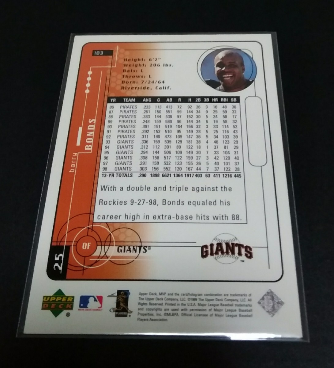 MLB 1999年upper deck MVP バリー?ボンズ(ジャイアンツ) 銀箔サイン入り！Silver Script No,183。Giants BARRY BONDS 