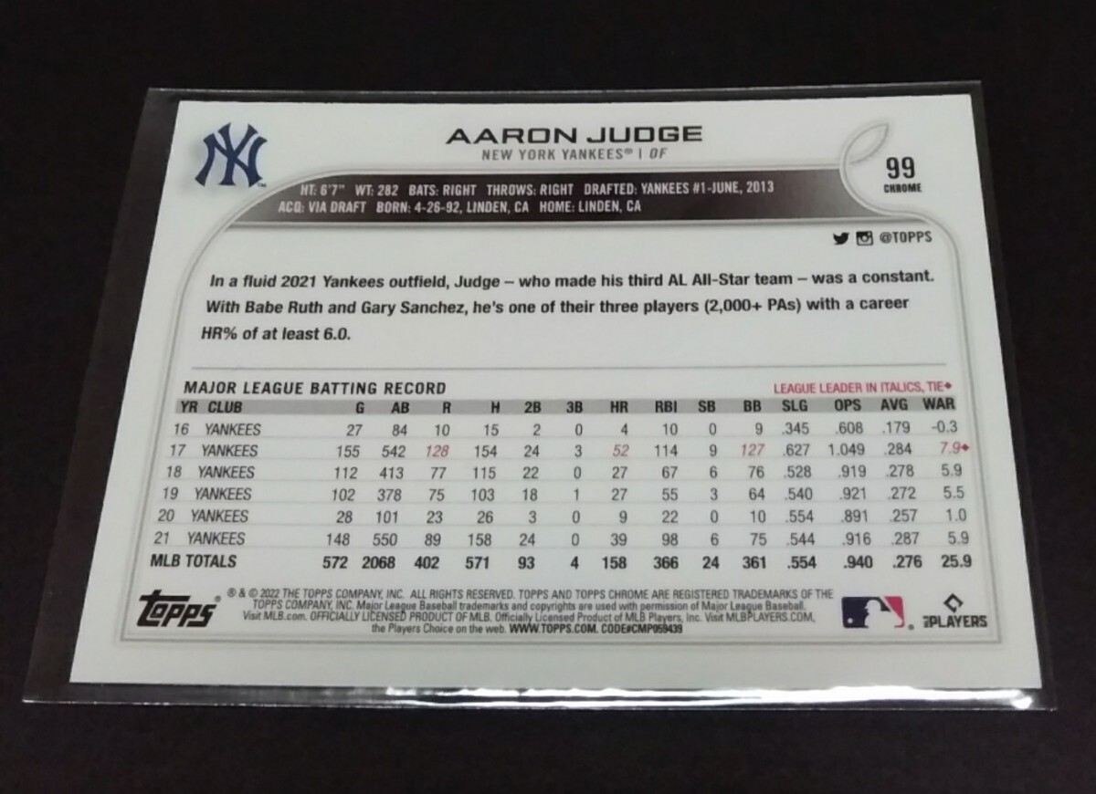 MLB 2022年topps chrome アーロン?ジャッジ(ヤンキース)Black & White Ray Wave リフラクター。No,99。Refractor Yankees AARON JUDGE 