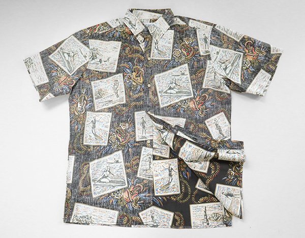 reyn spooner サーフシーン ボタンダウン 半袖シャツ 黒系 Mサイズ (下げ札付) ◆ リバースプリント アロハシャツ レインスプーナー ◆WX7_画像4