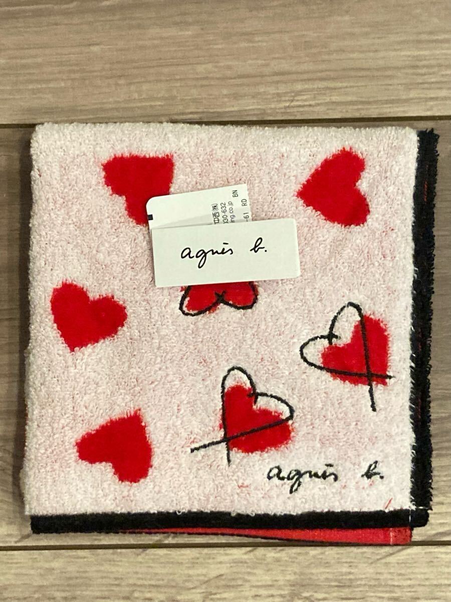 ★送料无料★新品未使用《アニエスベー　agnes b. ★】ハート柄　刺繍入り　タオルハンカチ♪大判サイズ　ミニタオル　ハンドタオル