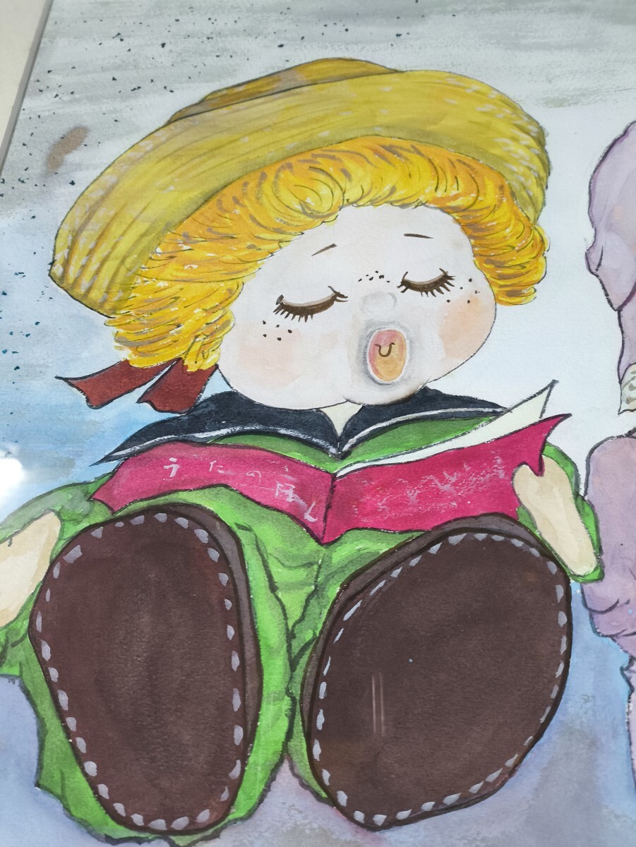 真作【梯照子?水彩畫「やすらぎ」F10サイズ/木制額縁/水森亜土風畫/】※説明欄必読