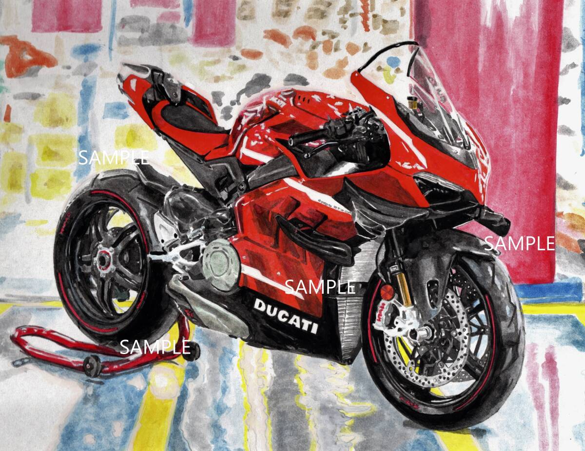Ａ４プリントです　ドゥカテ?！ˉ供`パーレッジェーラ　V4　水彩畫(huà)　バイクイラスト　　　