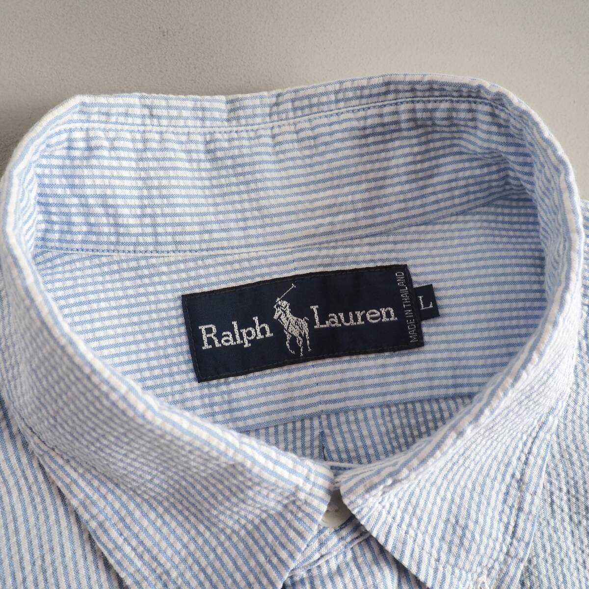 ラルフローレン シアサッカーシャツ 半袖 青色 ストライプ柄 黄色ポニー ラルフローレン Ralph Lauren シアサッカーシャツ 半袖 青色