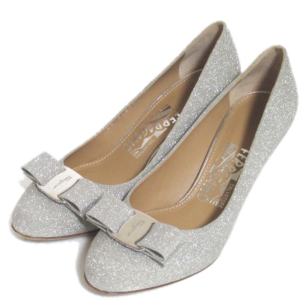  прекрасный товар Salvatore Ferragamo Salvatore Ferragamo vala лента ламе g Ritter туфли-лодочки 5D 22.5cm соответствует серебряный цвет 