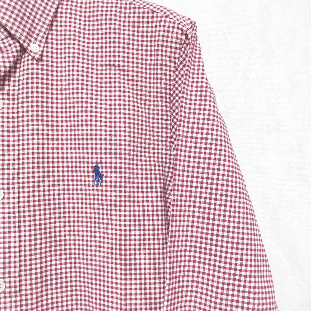 美品 RALPH LAUREN ラルフローレン SLIM FIT STRETCH OXFORD 長袖 ボタンダウン BDシャツ XS レッド×ホワイト
