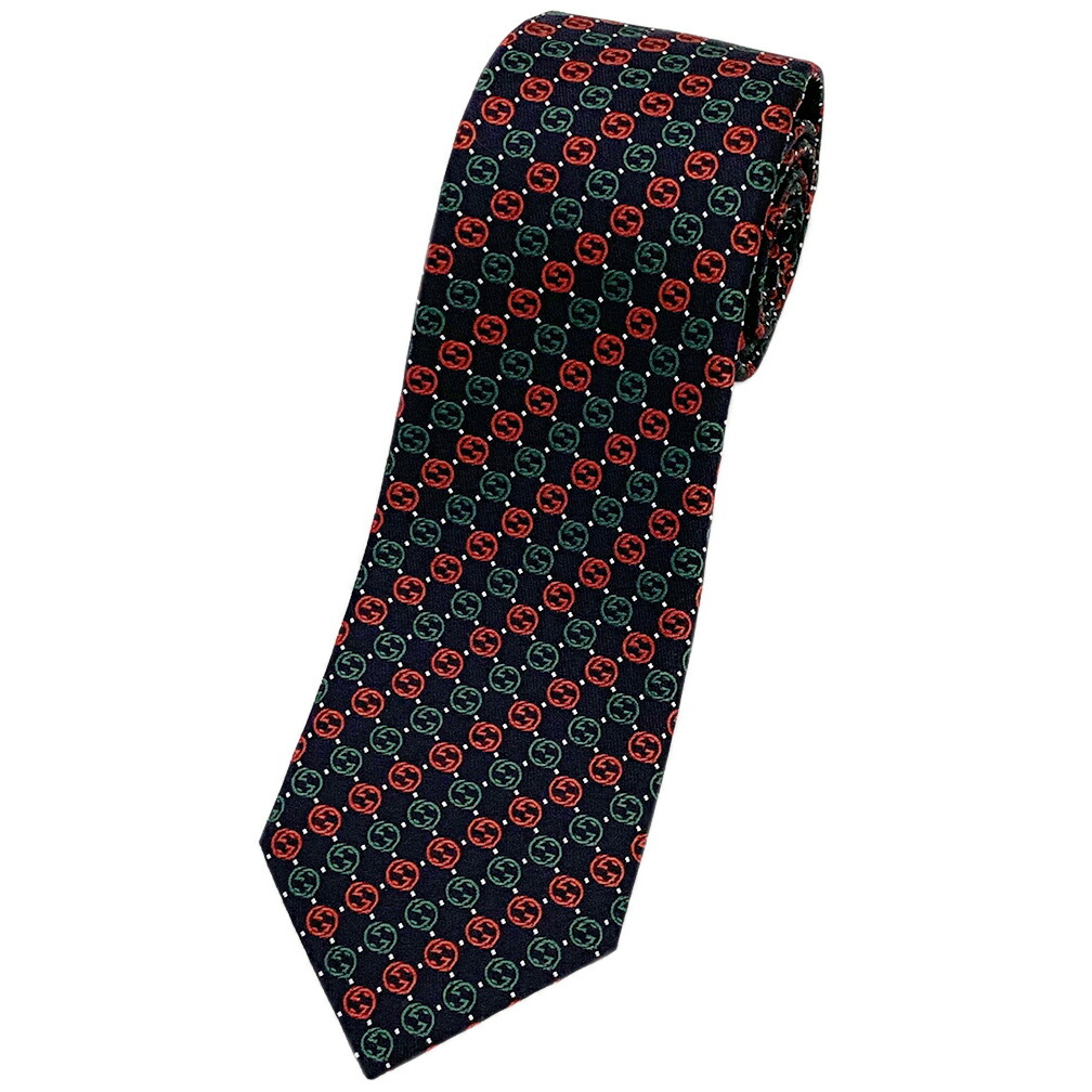 未使用 グッチ ネクタイ 644510-4174 GUCCI 高級 シルク 100％ インターロッキングG ロゴ ストライプ ブラック レッド グリーン 黒 赤 緑