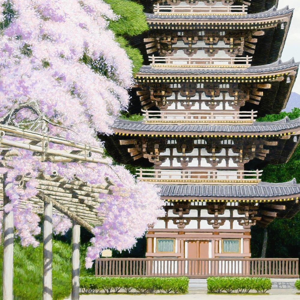 価格は安く 真作】【WISH】本松進一「しだれ桜と五重塔(醍醐寺)」油彩 10号 絵画