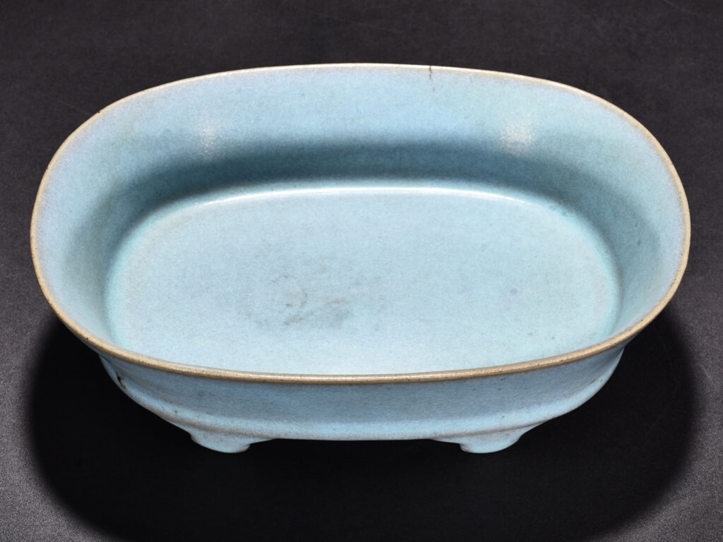 TA200□中国古玩 唐物 宋時代 汝窯 天藍釉 水仙盆 時代物 極上