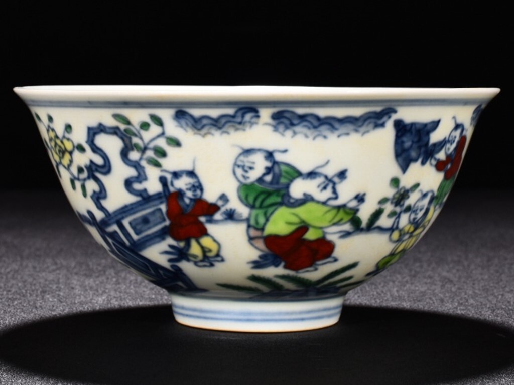 TA287□中国古玩 唐物 明成化闘彩嬰戯紋宮式碗 極上