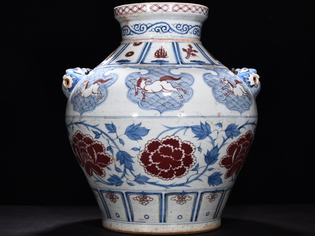 TA333■中国古玩 唐物 元青花・釉里紅纏枝花卉紋虎頭罐・極細工 古賞物 ■高さ43cm・直径32cm■_画像1