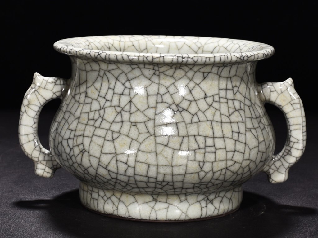 TA412■中国古玩 唐物 宋哥窯双耳炉 極上品■高さ10.5cm・直径20cm■_画像1