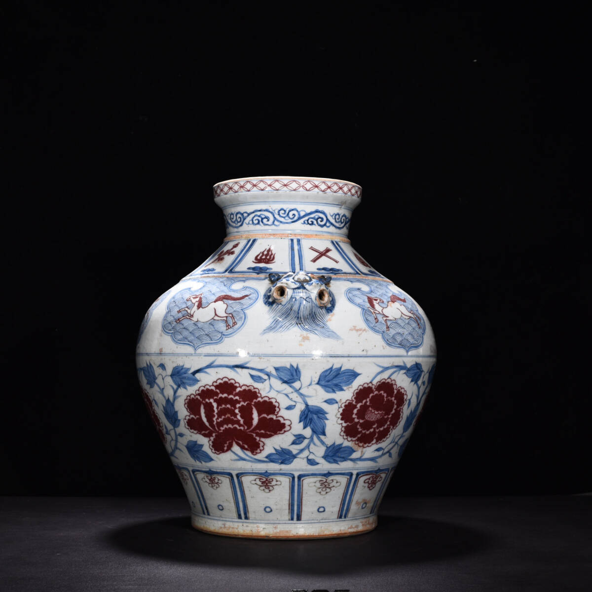 TA333■中国古玩 唐物 元青花・釉里紅纏枝花卉紋虎頭罐・極細工 古賞物 ■高さ43cm・直径32cm■_画像5