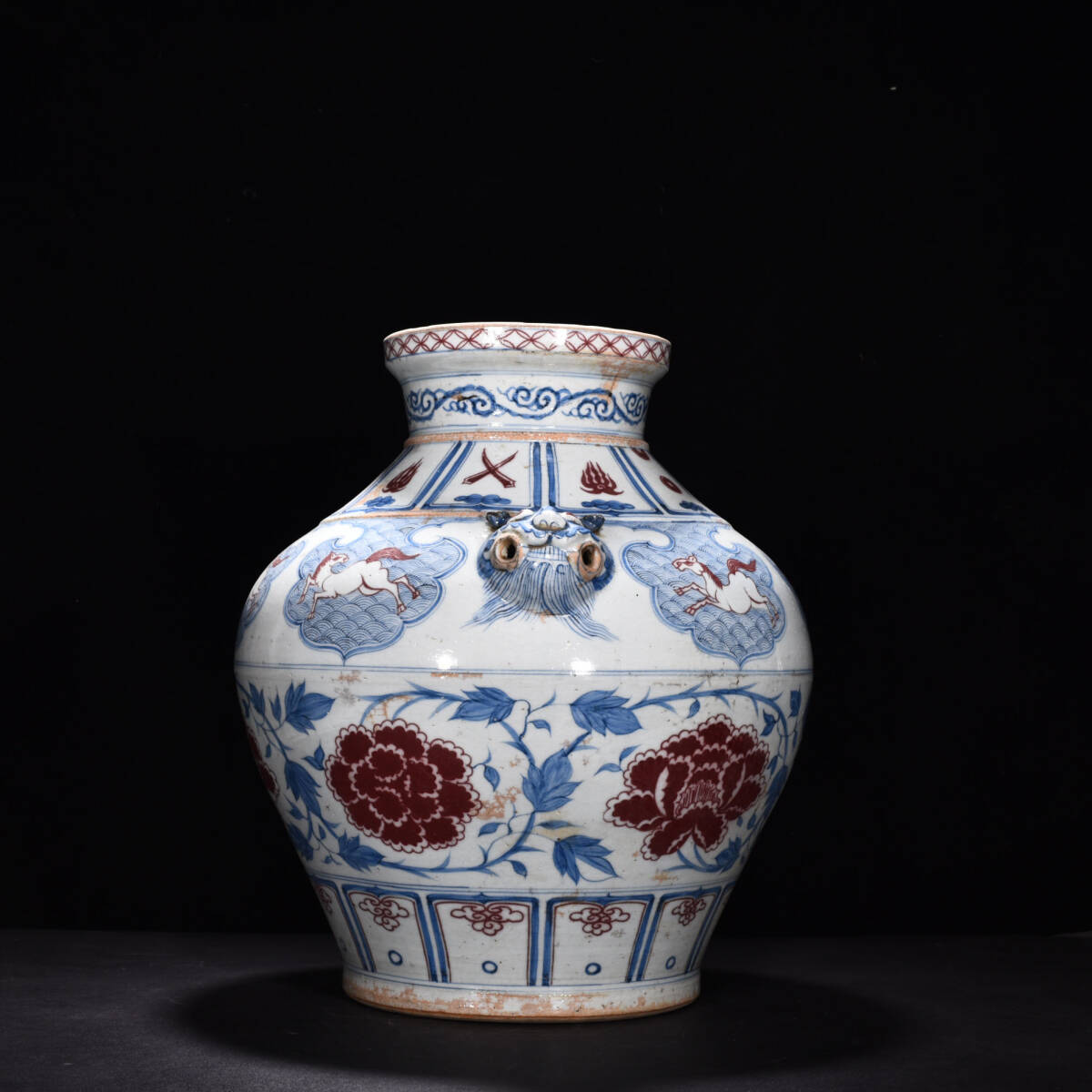 TA333■中国古玩 唐物 元青花・釉里紅纏枝花卉紋虎頭罐・極細工 古賞物 ■高さ43cm・直径32cm■_画像7