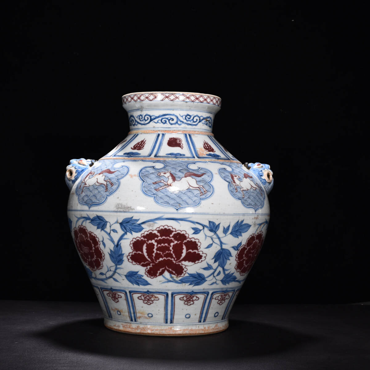 TA333■中国古玩 唐物 元青花・釉里紅纏枝花卉紋虎頭罐・極細工 古賞物 ■高さ43cm・直径32cm■_画像6