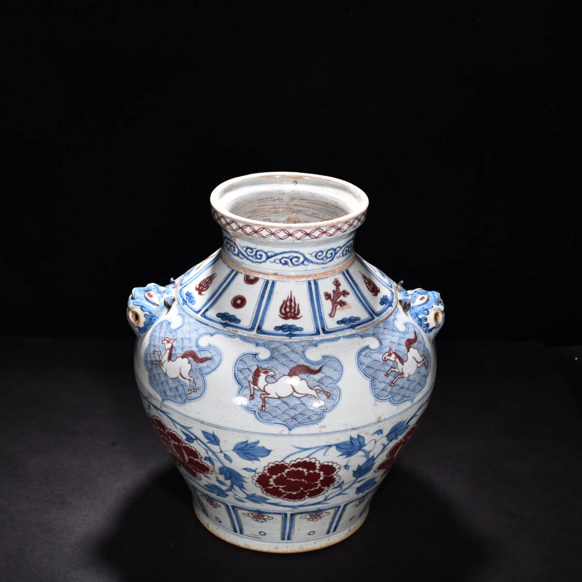 TA333■中国古玩 唐物 元青花・釉里紅纏枝花卉紋虎頭罐・極細工 古賞物 ■高さ43cm・直径32cm■_画像8