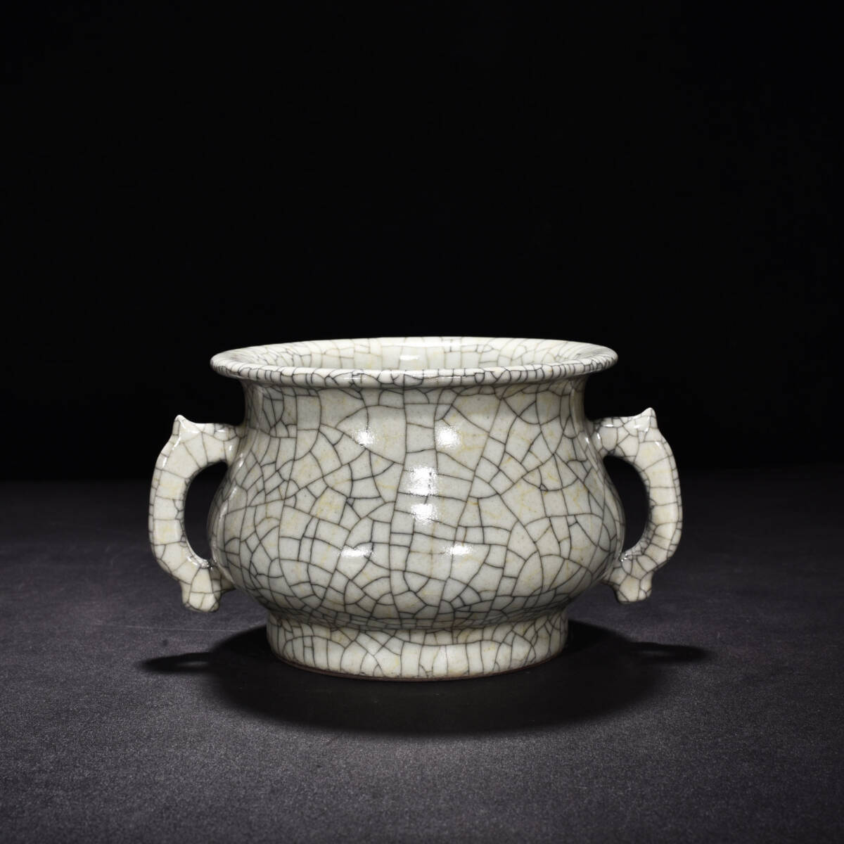 TA412■中国古玩 唐物 宋哥窯双耳炉 極上品■高さ10.5cm・直径20cm■_画像4