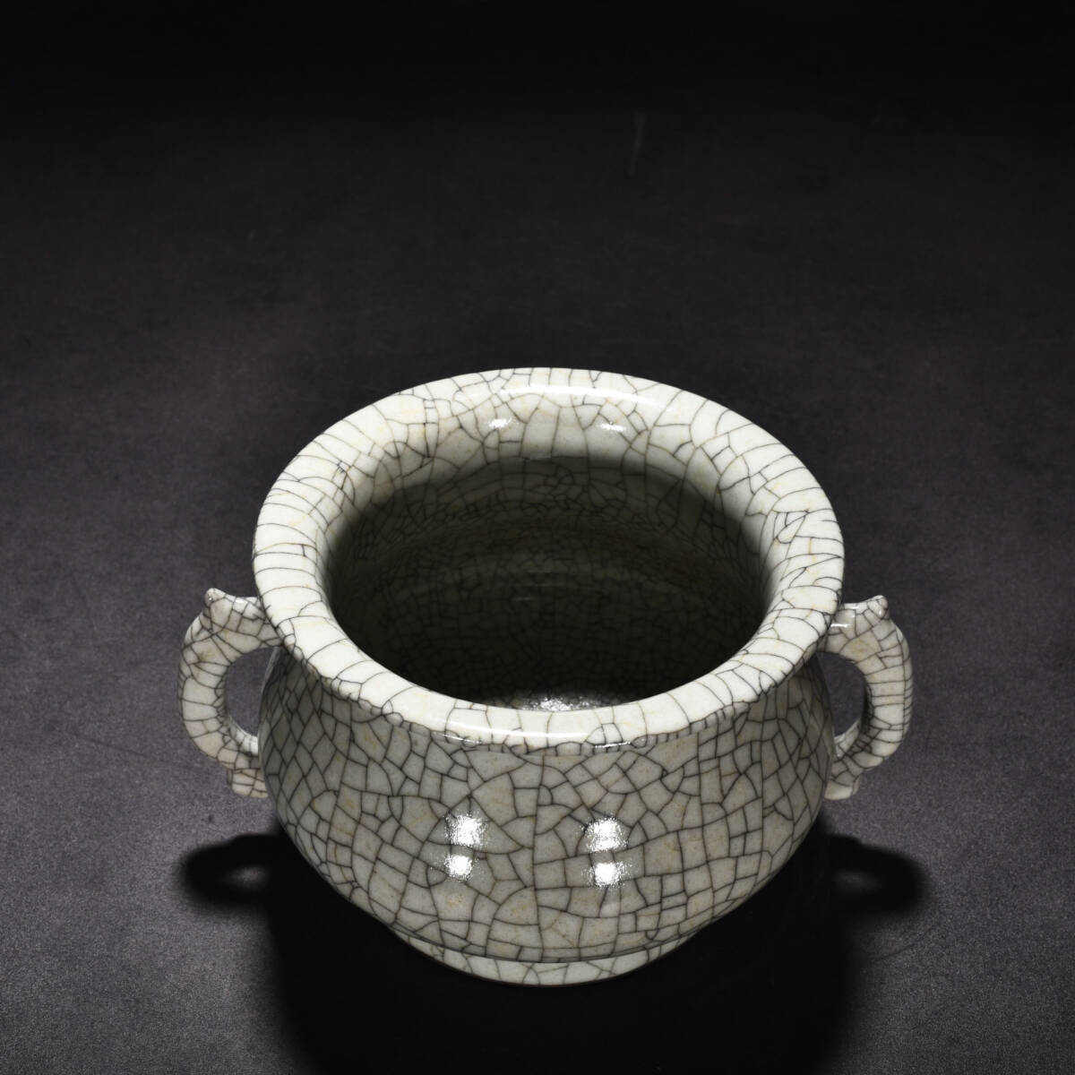 TA412■中国古玩 唐物 宋哥窯双耳炉 極上品■高さ10.5cm・直径20cm■_画像7