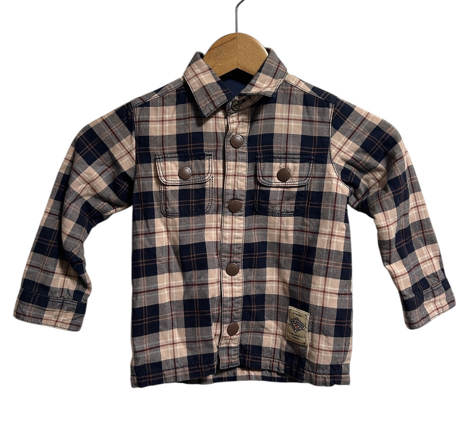 美品▽MIKI HOUSE ミキハウス 裏地付き 長袖シャツ ネルシャツ 100 紺 茶色 ネイビー ブラウン キッズ 子供服_画像1