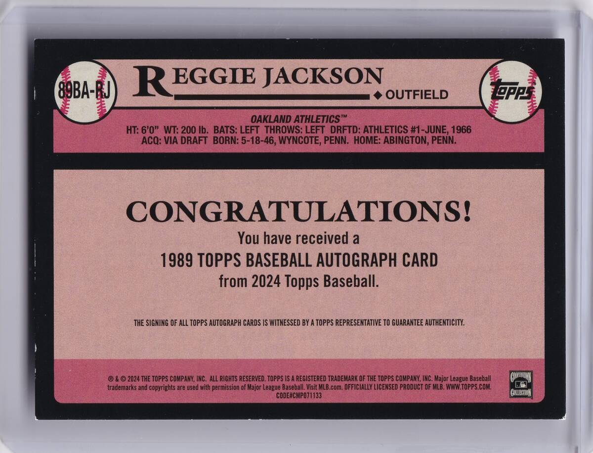 レジー・ジャクソン 直筆サインカード 2024 TOPPS 1989 TOPPS