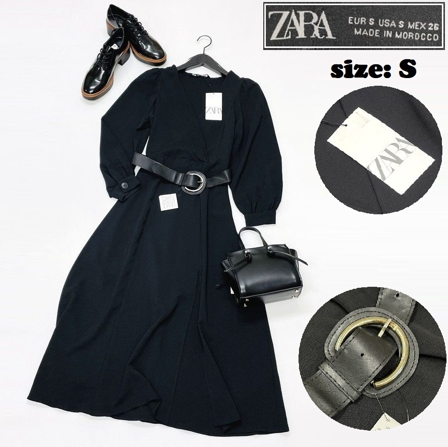 ZARA /S/ ブラック ロングワンピース ドレス長袖 ゴールドベルト レディース カジュアル 通勤 フェミニン 大人可愛い生地 セクシー ザラ_画像1