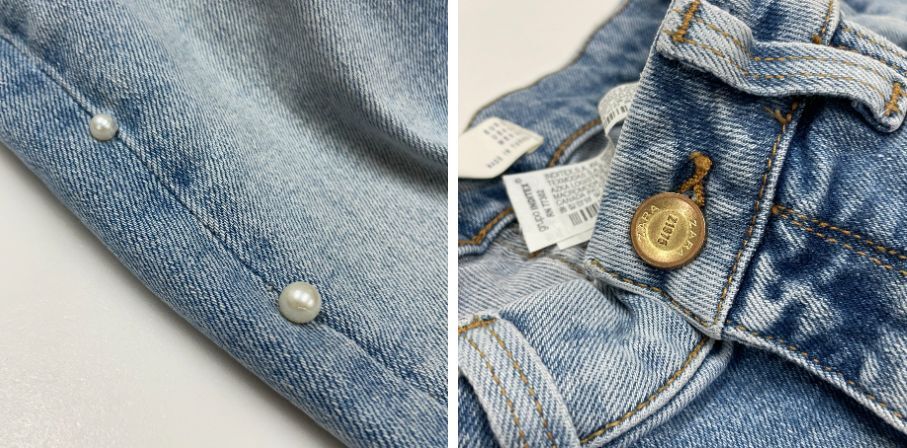 ZARA /36/ ブルー デニムパンツ ジーンズ ゴールドボタン フェイクパールアクセサリー アウトドアバイクキャンプ 生地コットン混 通勤 ザラ