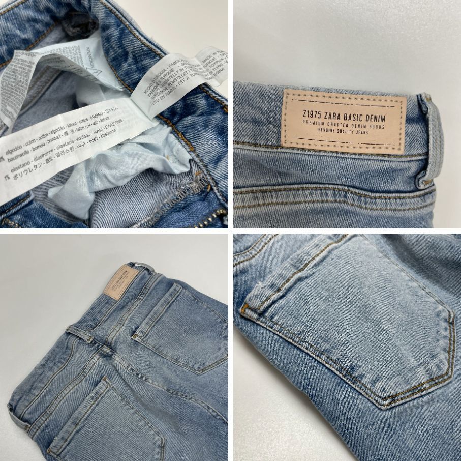 ZARA /36/ ブルー デニムパンツ ジーンズ ゴールドボタン フェイクパールアクセサリー アウトドアバイクキャンプ 生地コットン混 通勤 ザラ