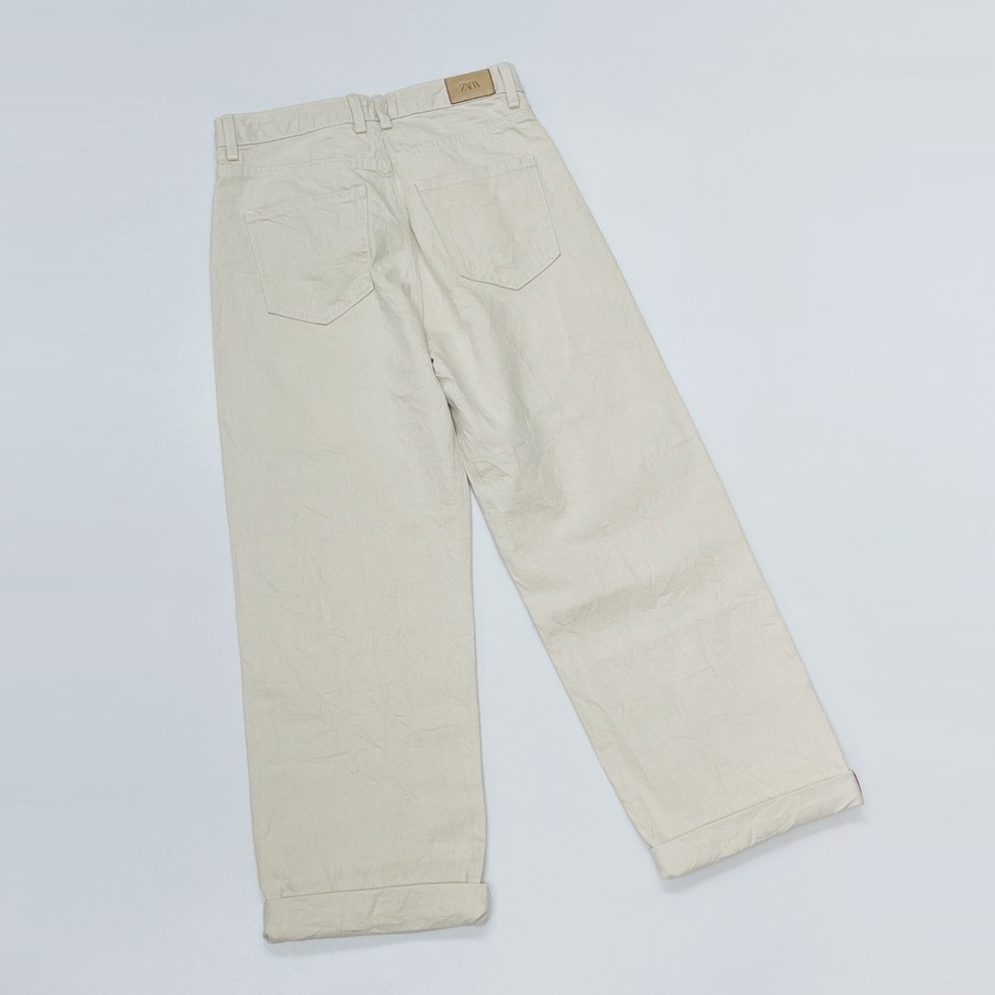 ZARA /38/ ベージュ系 ストレートデニムパンツ ハイライズジーンズ 生地 コットン タグ付き カジュアル 通勤 レッドステッチ デイリー ザラ_画像10