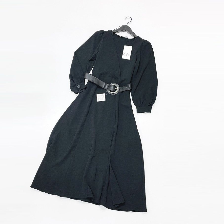ZARA /S/ ブラック ロングワンピース ドレス長袖 ゴールドベルト レディース カジュアル 通勤 フェミニン 大人可愛い生地 セクシー ザラ_画像2