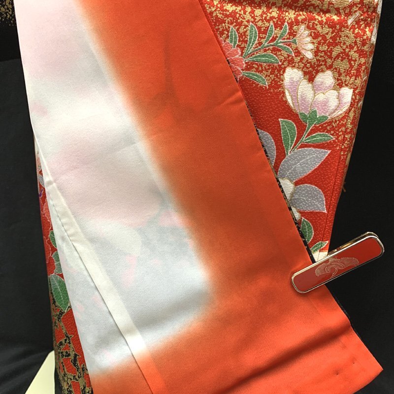 □きものマーチ□七五三 七歳 女児 著物&袋帯 金彩 蝶 牡丹 白赤黒□狀態(tài)良好 505ag4
