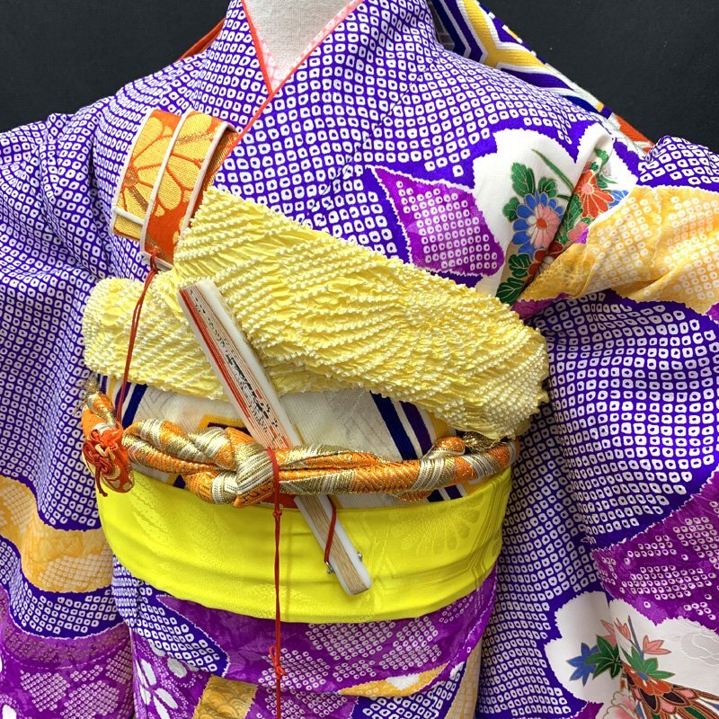 □きものマーチ□七五三 七歳 女児 著物(未使用)&袋帯&長襦袢 束ね熨斗 青紫□狀態(tài)良好 505ag5