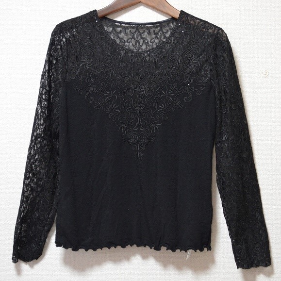 #anc 伊太利屋 GKITALIYA カットソー 7 黒 レース 刺繍 異素材 ラウンドネック レディース [750400]