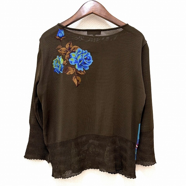 #anc トクコ TOKUKO1erVOL カットソー 9 茶 マルチ ニット 七分袖 人物柄 花モチーフ 刺繍 レディース [916214]