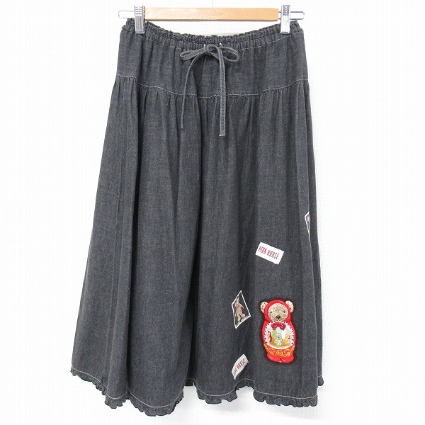 #anc ピンクハウス PINKHOUSE スカート デニムスカート 黒系 くま マトリョーシカ ワッペン ピコフリル レディース [936031]