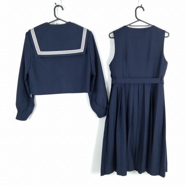 1円 セーラー服 ジャンパースカート スカーフ 上下3點セット 指定 冬物 白3本線 女子 學生服 中學 高校 紺 制服 中古 ランクC EY3775